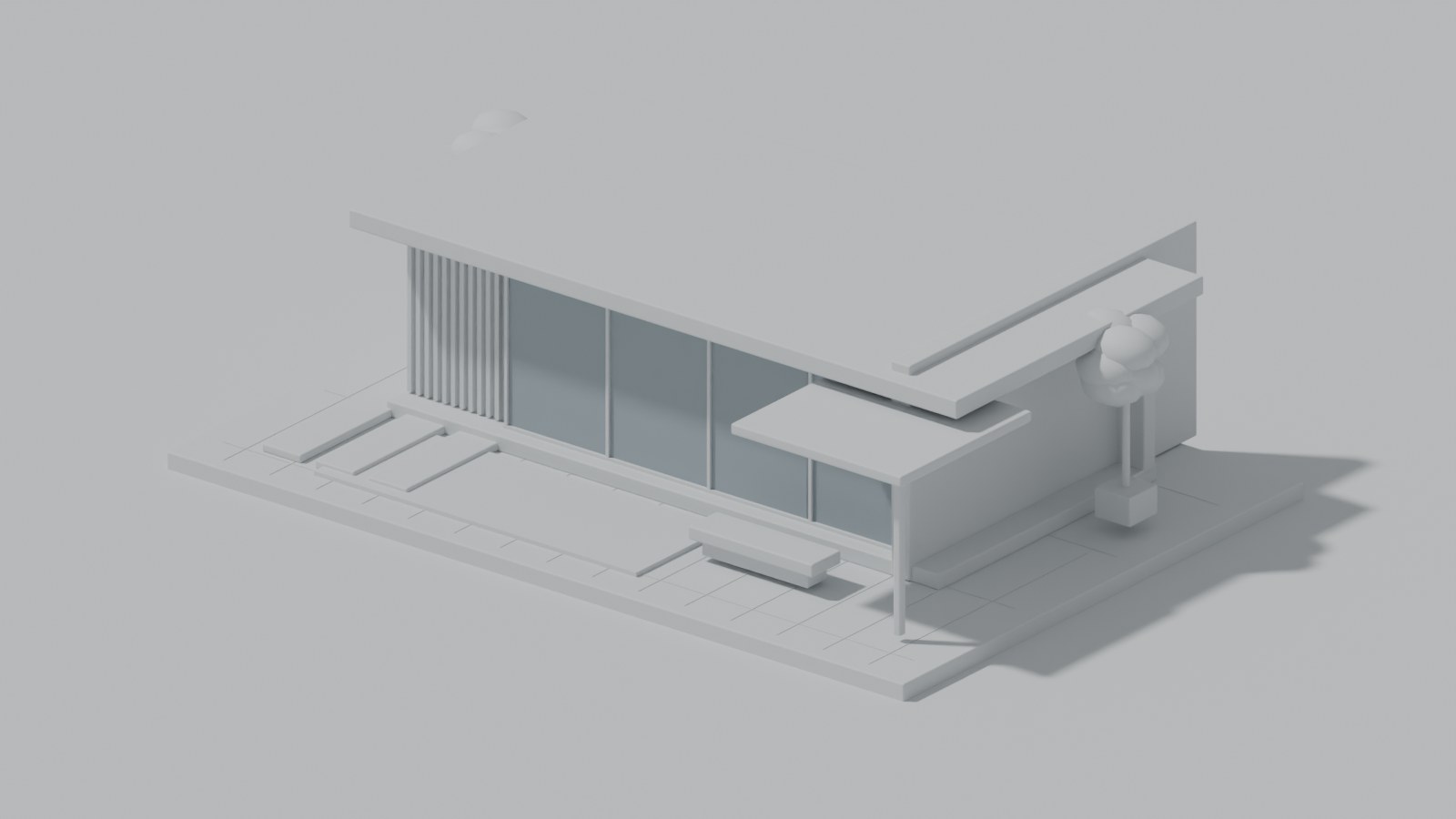 Original architectural model illustration of a pavilion. Illustrative study, not a Revit capture.